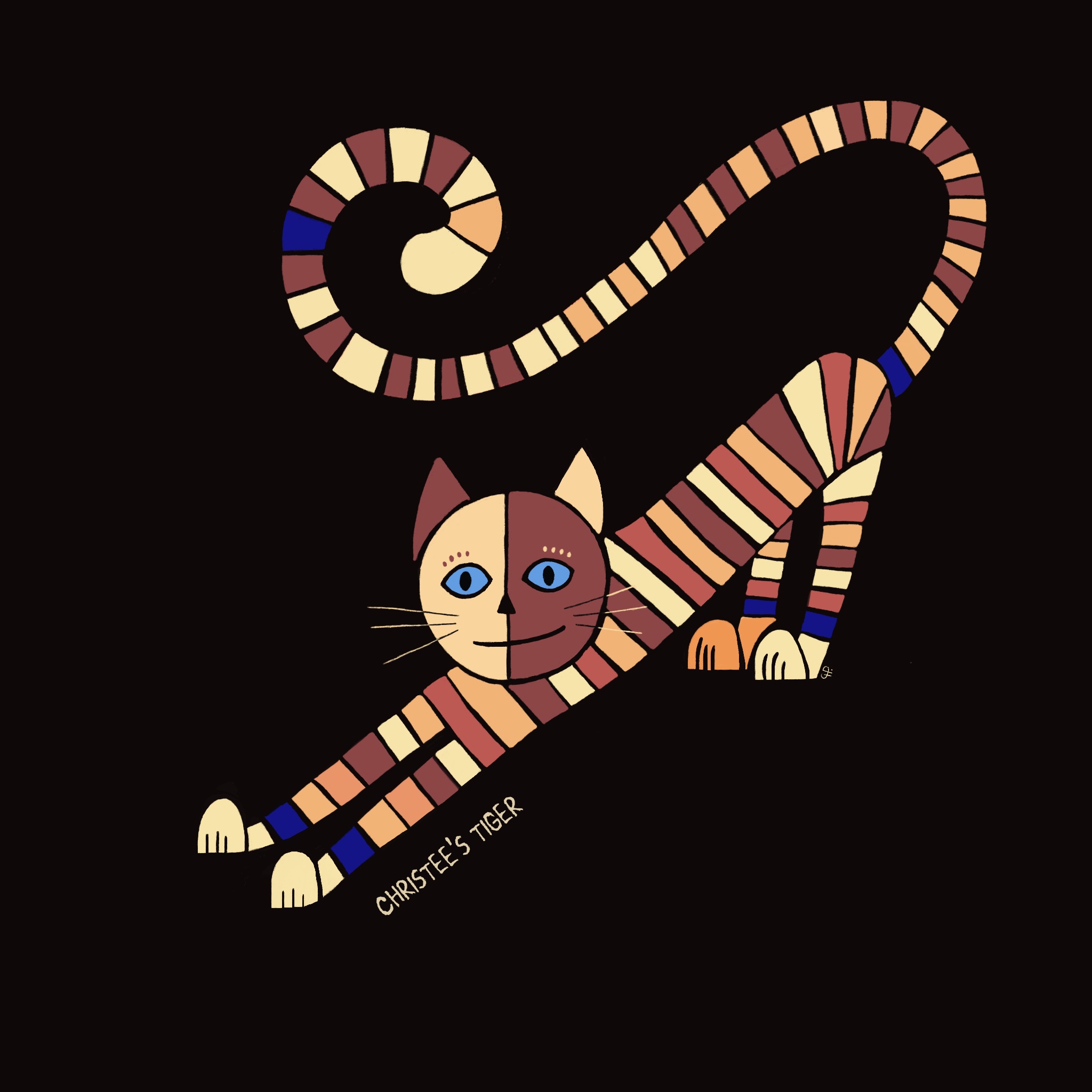 A long striped tiger curling playfully across a black background
