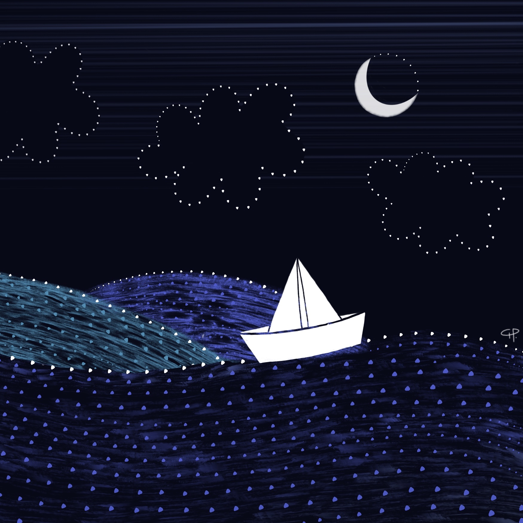 A white paper boat sailing across deep blue waves beneath a crescent moon