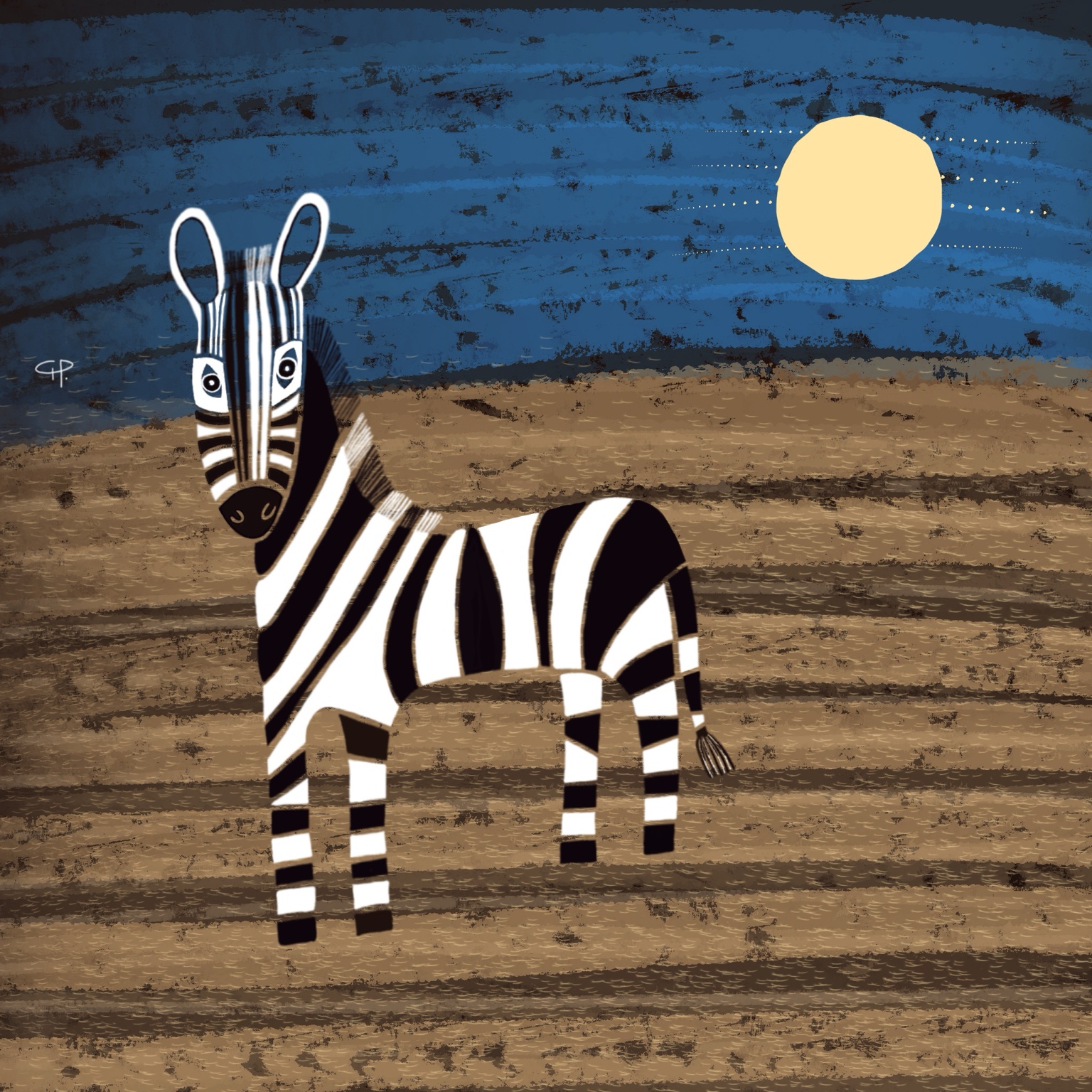 A zebra standing beneath a quiet yellow sun in a textured landscape