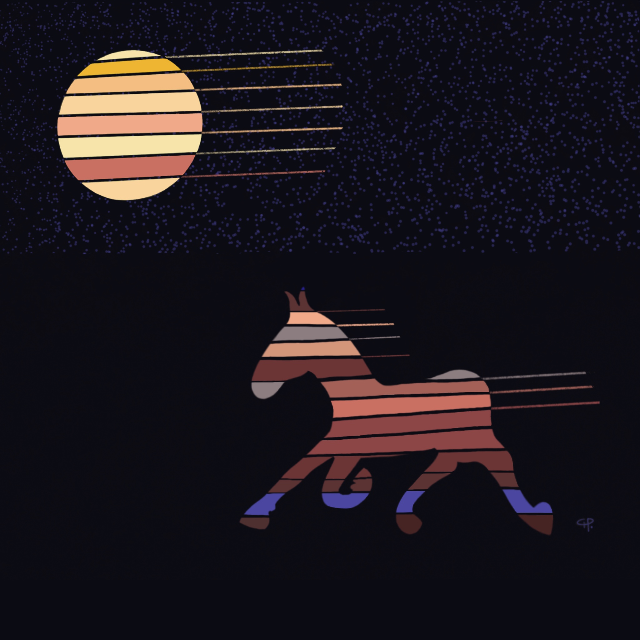A striped horse running beneath a glowing celestial disc