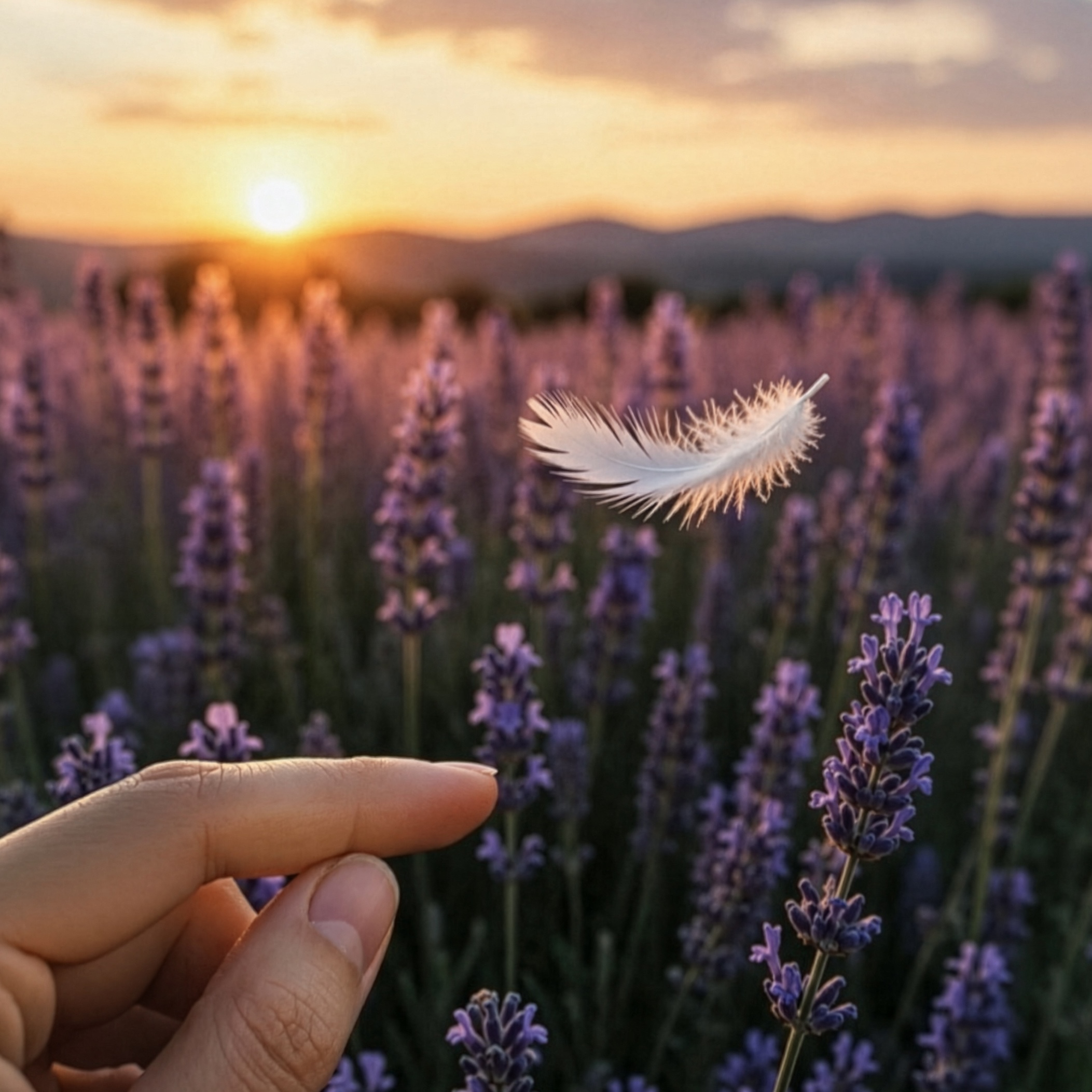 A hand reaching toward a white feather floating above lavender at sunset